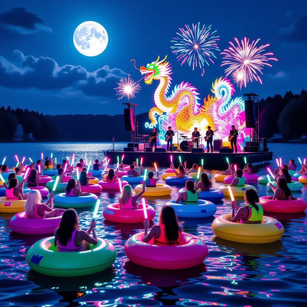 Floating Concert on Moonlit Lake with Glowing Crowd