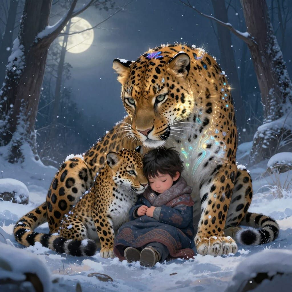 Mythical Leopard Protects Boy in Enchanted Forest