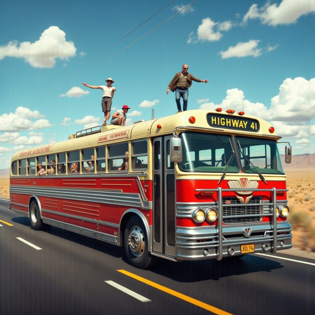 Greyhound Bus Cruising Down Highway 41 in Cinematic Realism