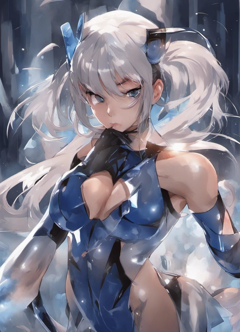 Confident Anime Woman in Blue Latex Bodysuit