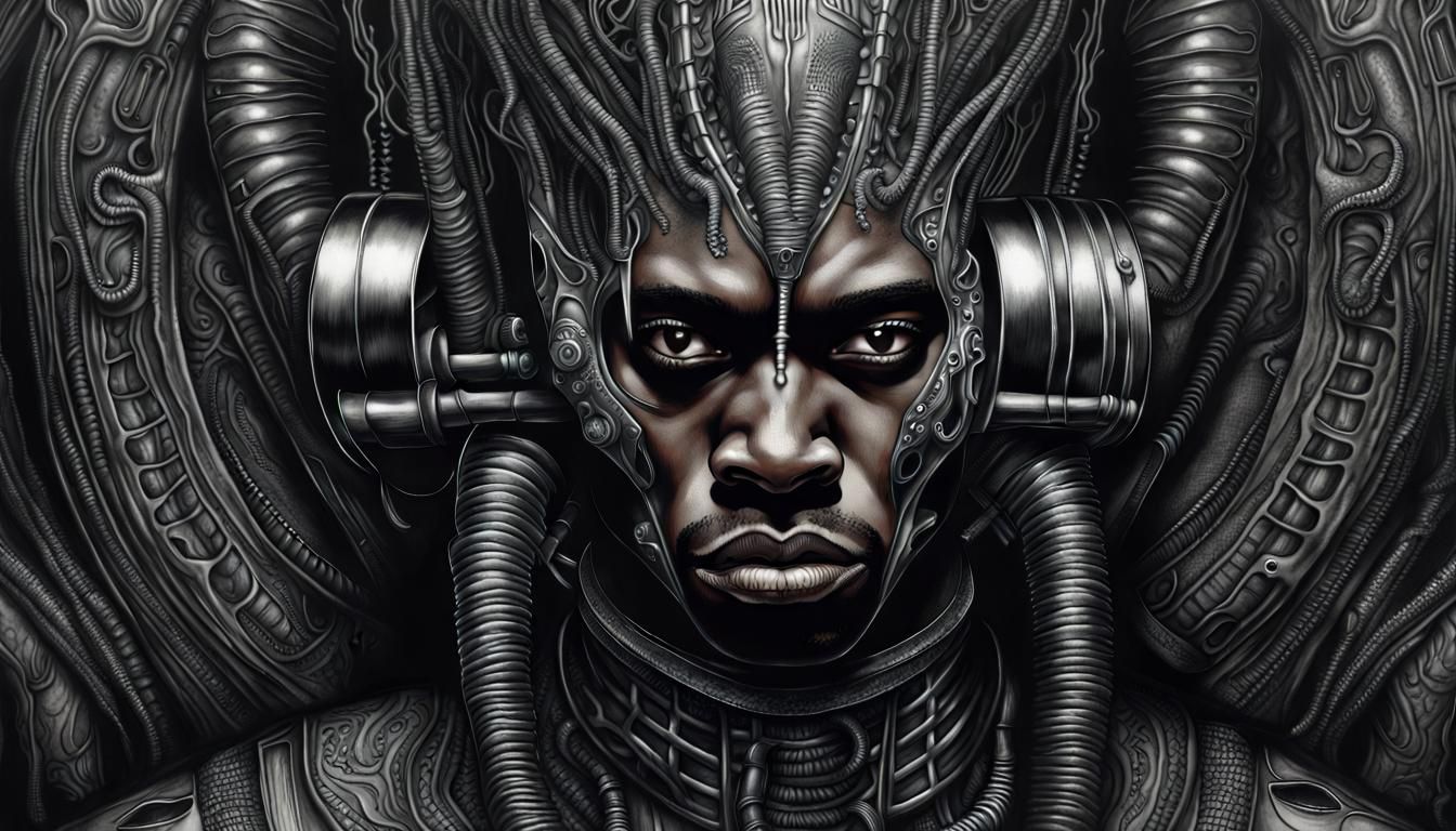 Gothic Punk Man Merging with Motorcycle, Giger Style