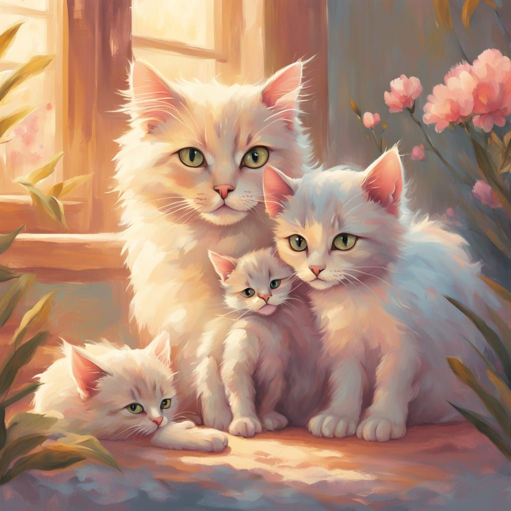 Cozy Whimsical Cat Family in Soft Pastel Colors
