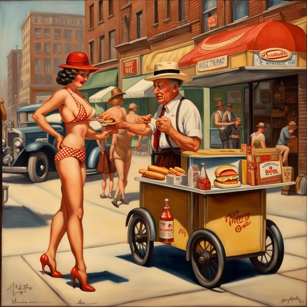 1930s Pin-Up Girl Buys Hotdog: Hyperrealistic Art