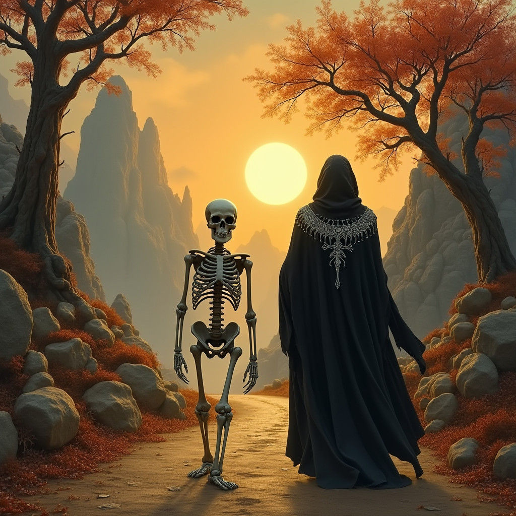 Skeleton and Grim Reaper Walking at Sunset