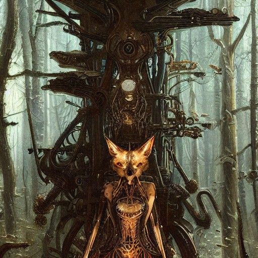 Steampunk Forest Scene with Fox and Woman