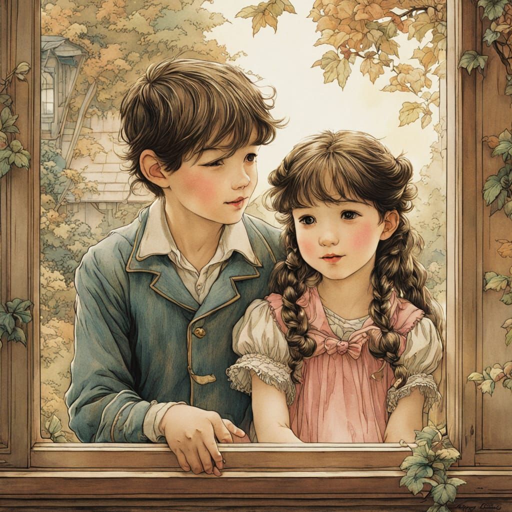 Cheerful Children at the Window: An Anime-Style Illustration