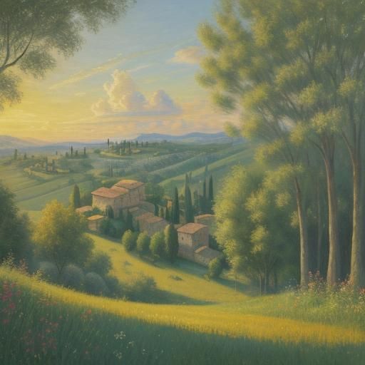 Tuscan Village Landscape in Impressionist Style