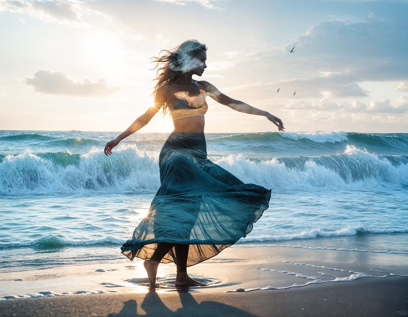 Woman Dancing on Beach Merged with Rough Seas Double Exposur...