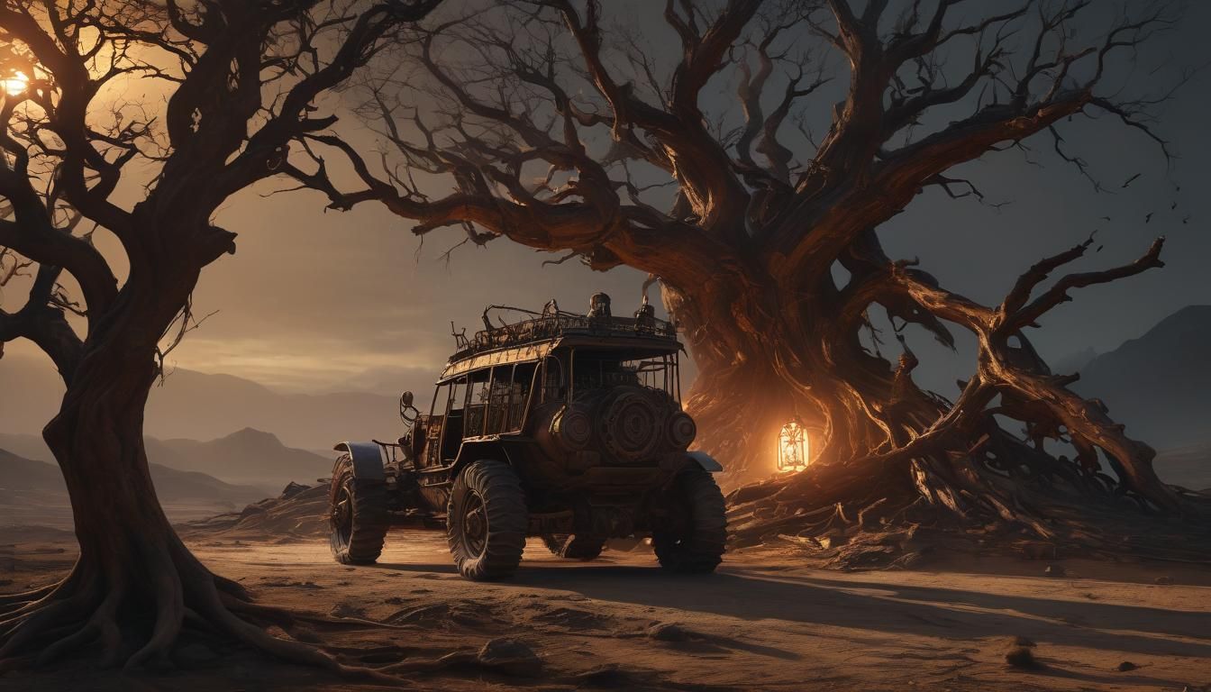 Steampunk Vehicle with Glowing Runes at Sunset