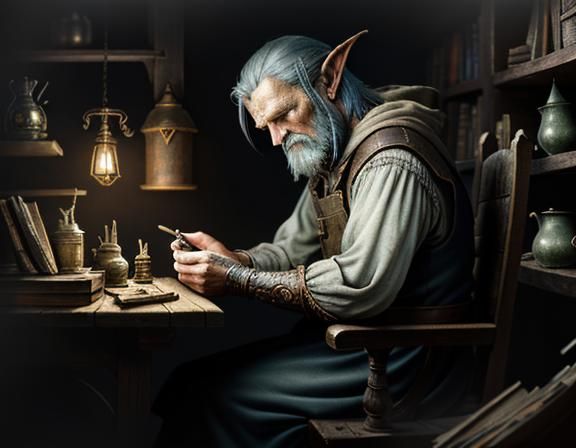 Gnome Repairs Automaton in Dark Fantasy Style