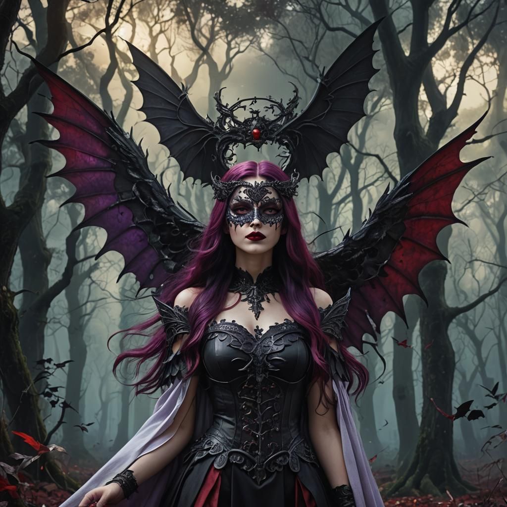 Gothic Angel with Crimson Lips and Black Wings