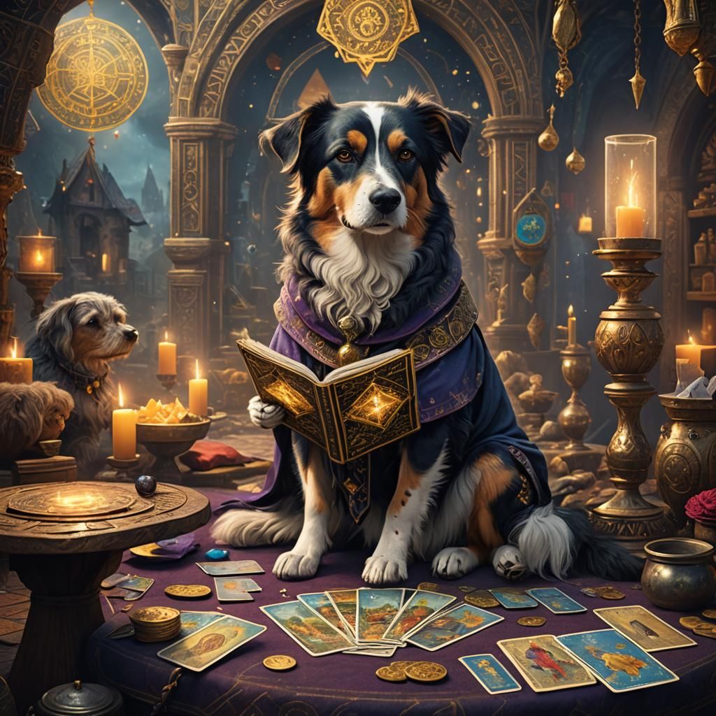 Dog Reads Tarot Cards in Detailed Matte Painting