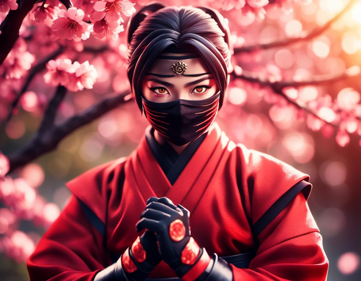 Anime Ninja in Red Outfit with Sakura Blossoms