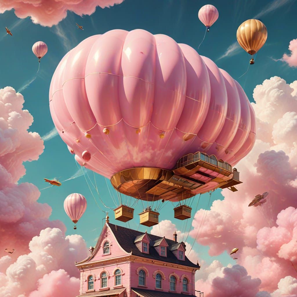 Airship Over Cotton Candy Shop in Retro-Futuristic Style
