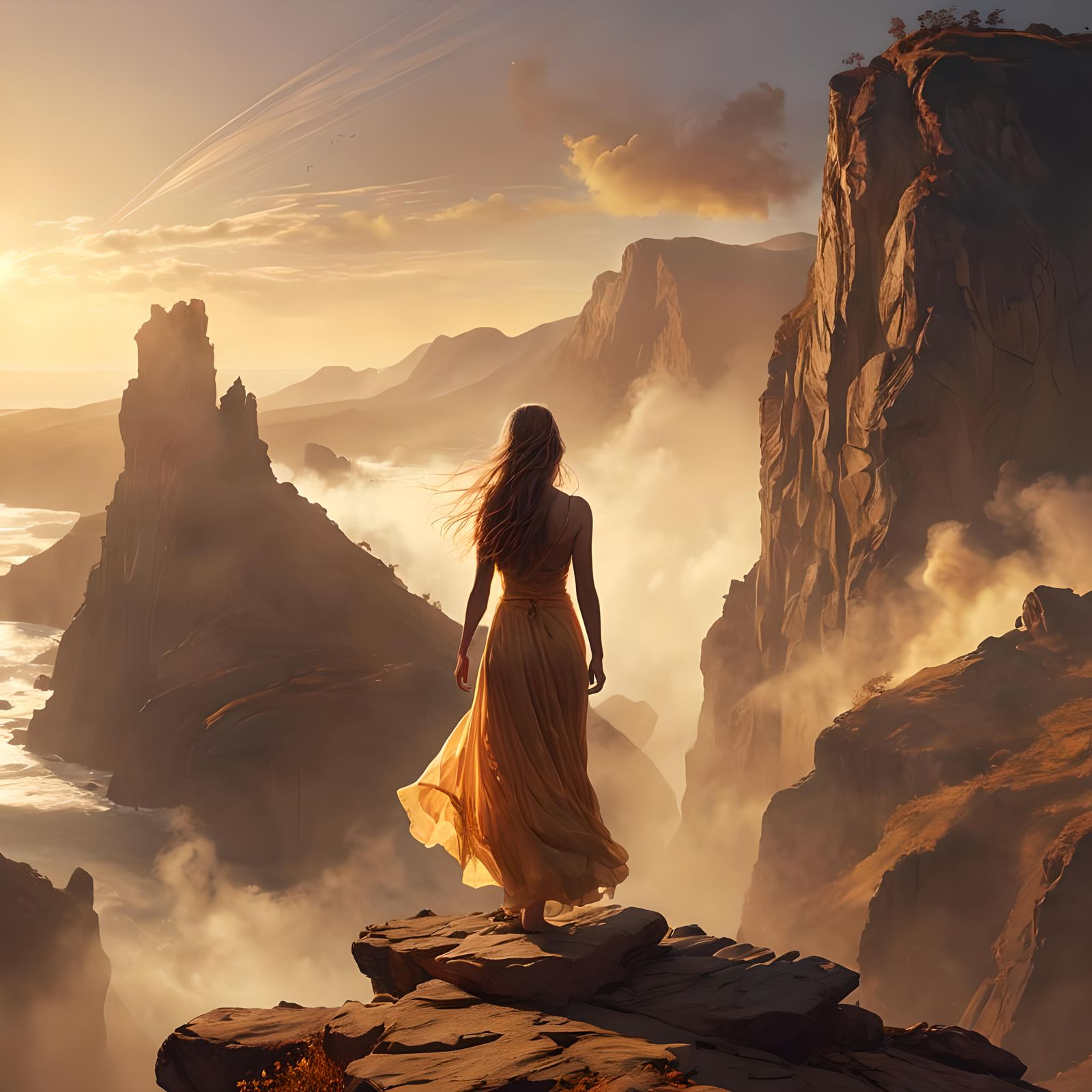 Woman Contemplates Dramatic Fantasy Landscape