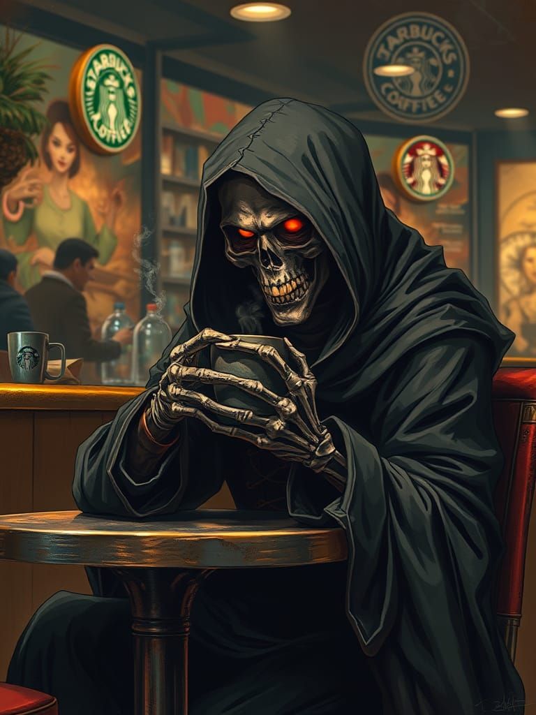 Grim Reaper at Starbucks in Dark Fantasy Style
