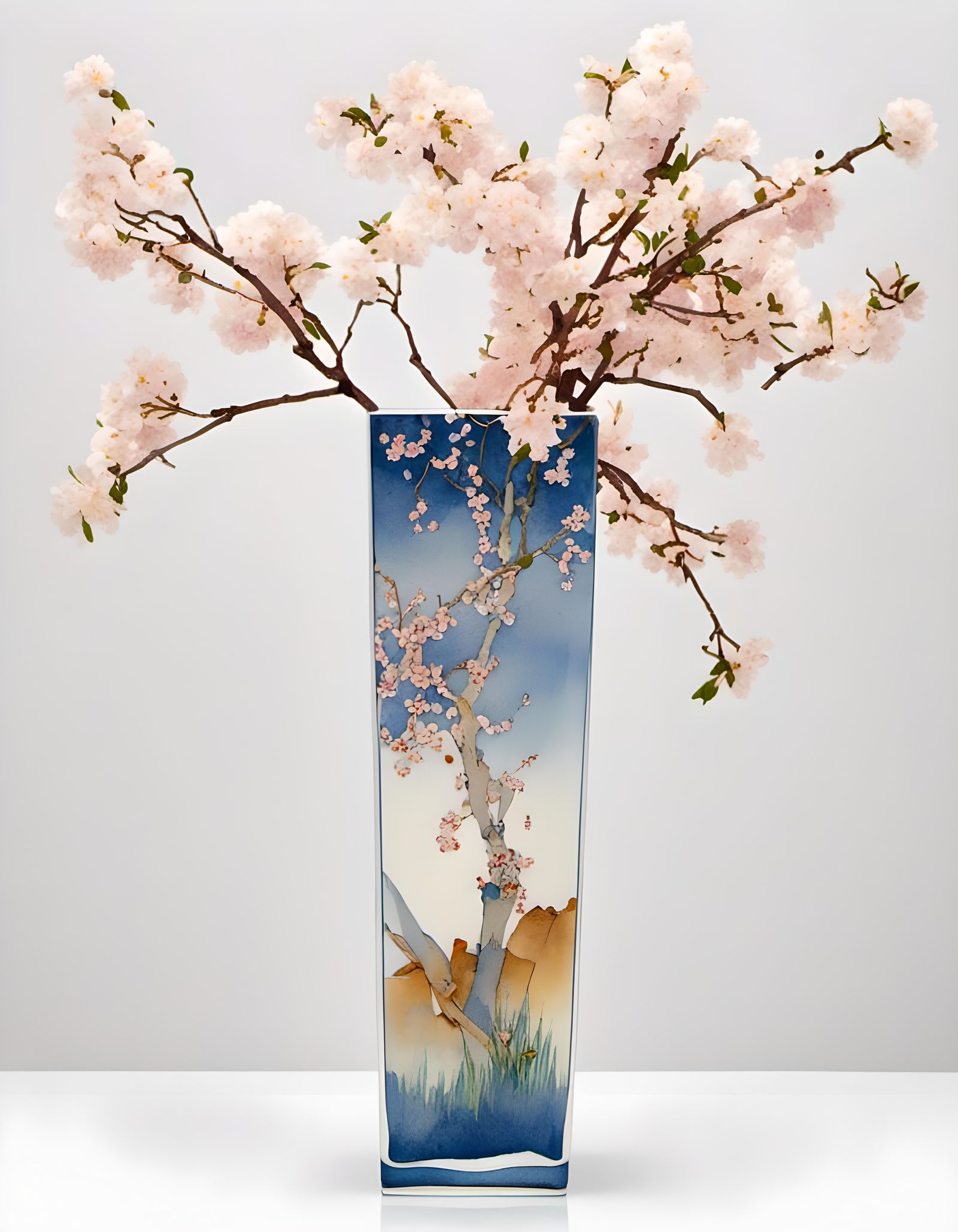 Watercolor Cherry Blossoms in Square Vase