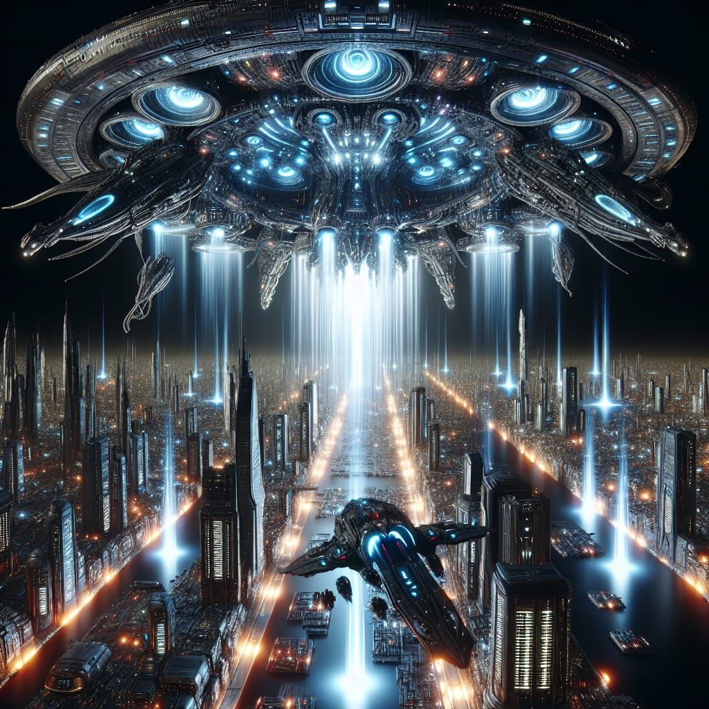 Alien Spaceship Attacks Futuristic Neon City