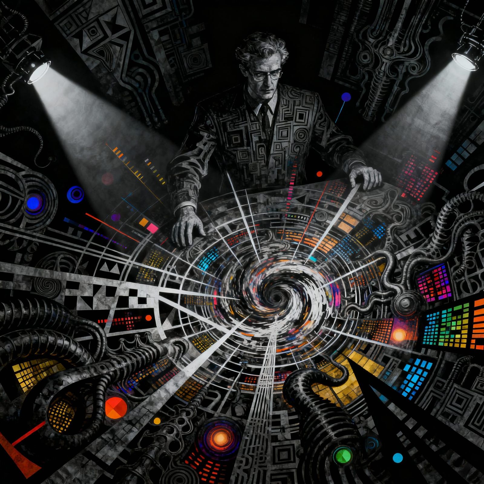 Boss Overseeing Chaotic Abstract Data Vortex in High Contras...