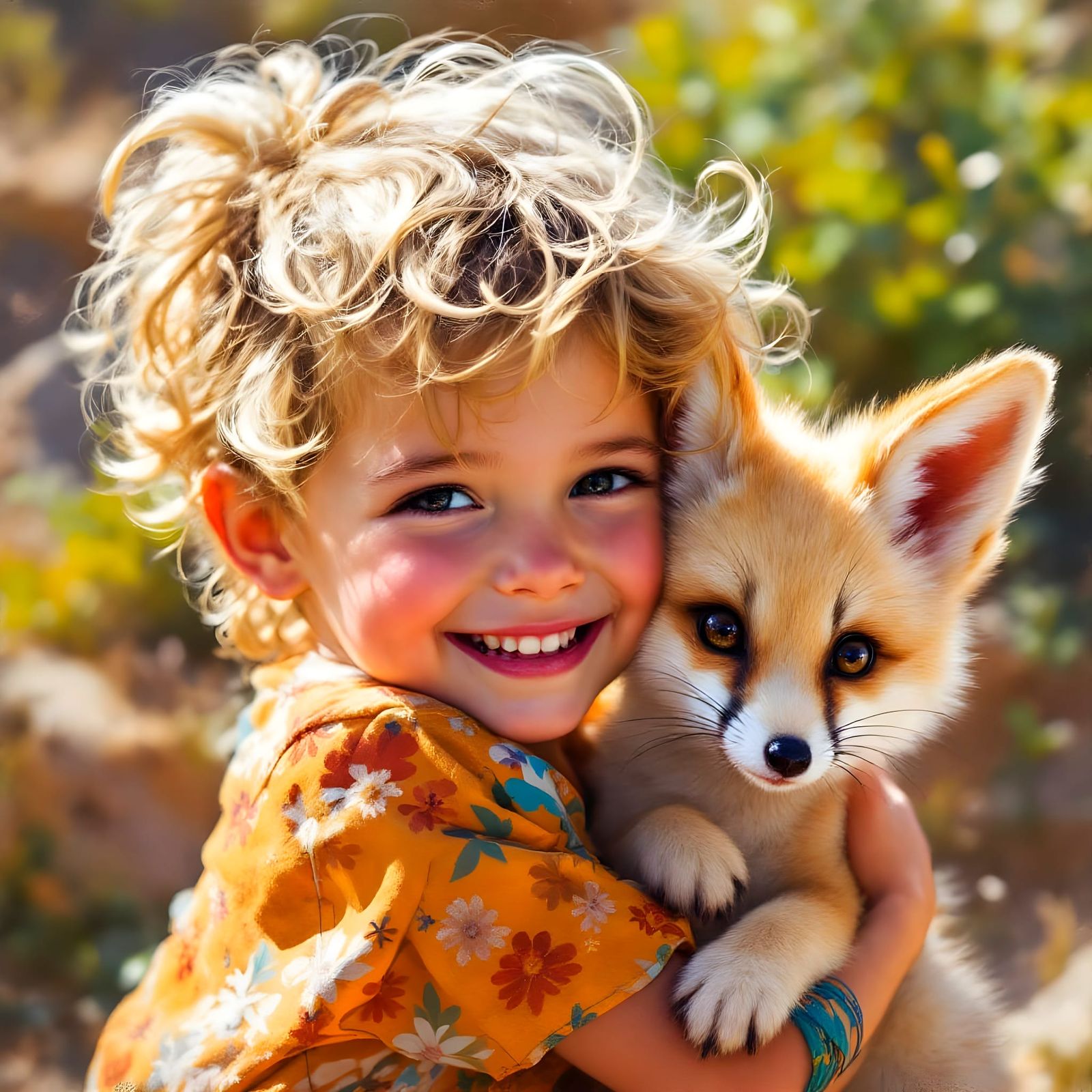 Joyful Bond Between Toddler and Fennec Fox in Vibrant Desert...