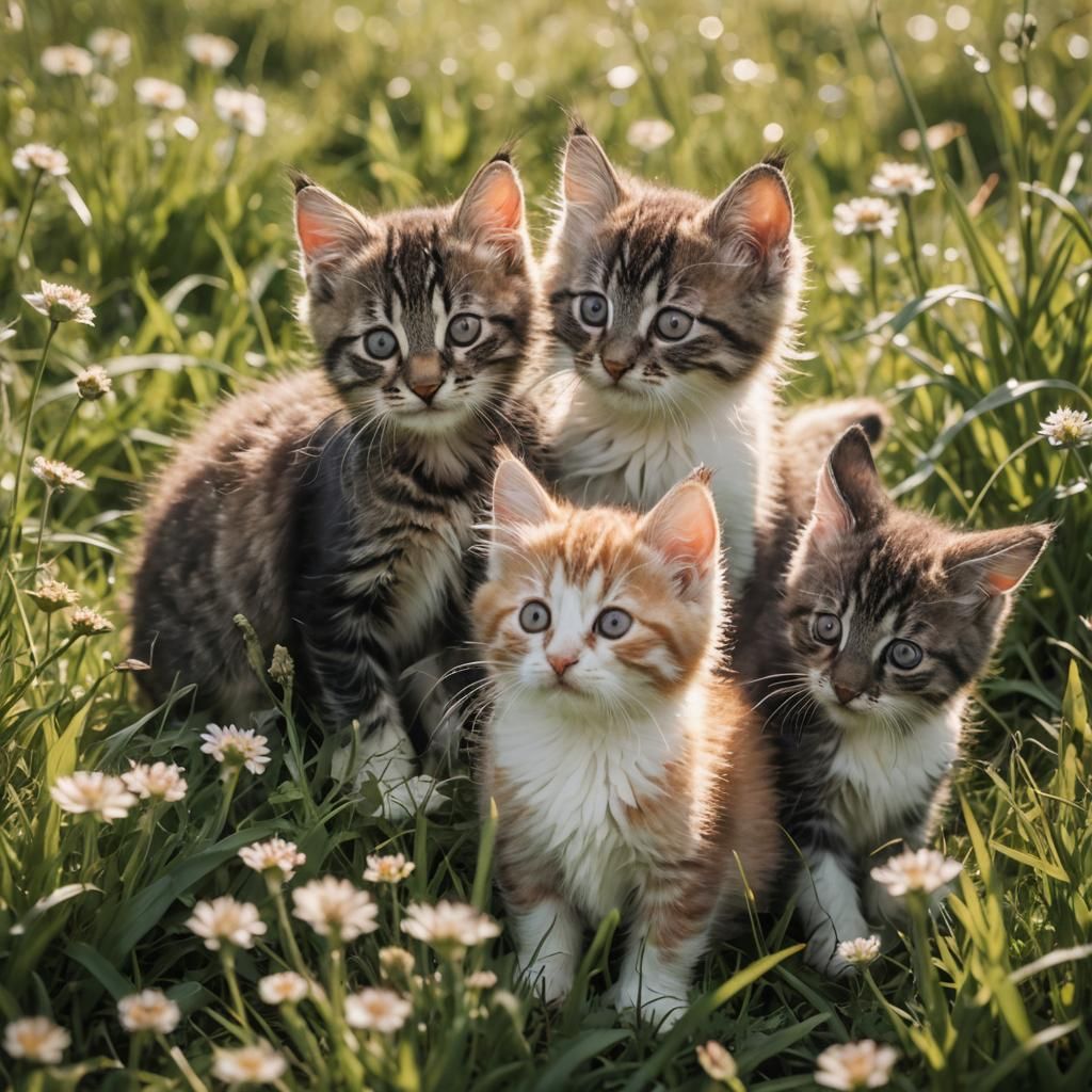 Kittens and Rabbits Playing in Spring Meadow