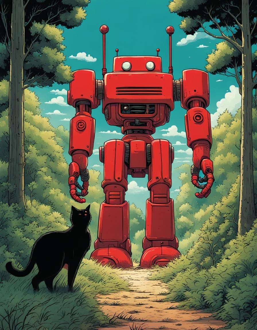 Studio Ghibli Robot and Black Cat in Nature