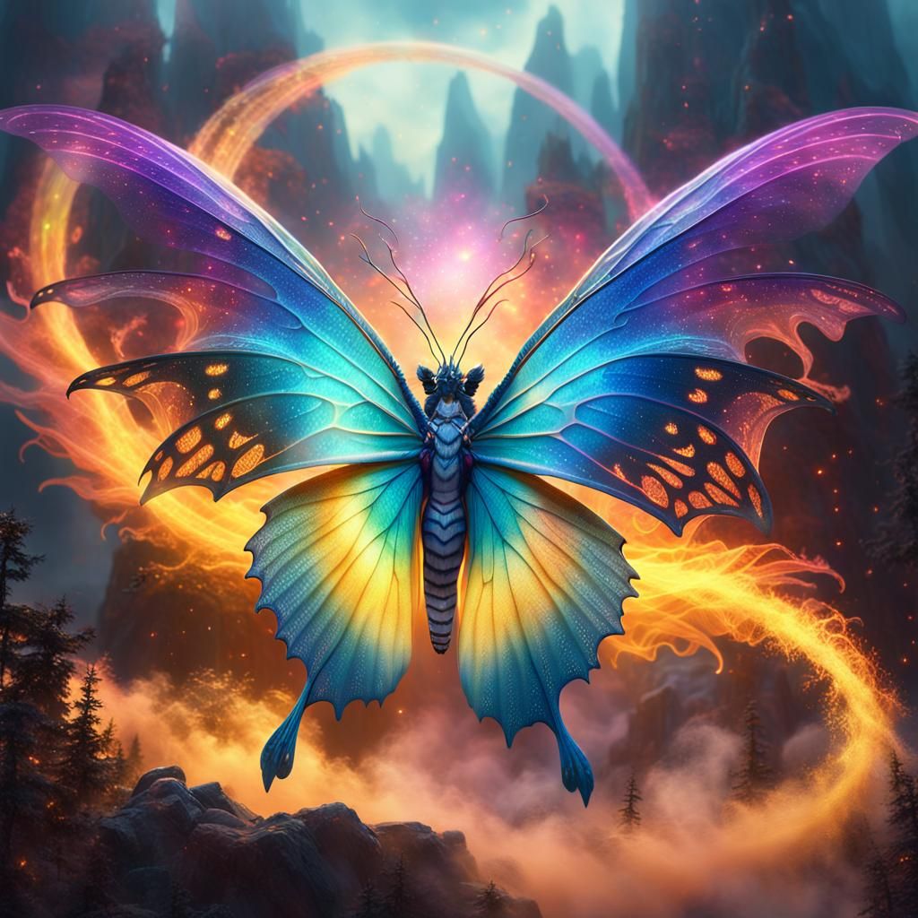 Polychromatic Butterfly Dragon in Swirling Mist