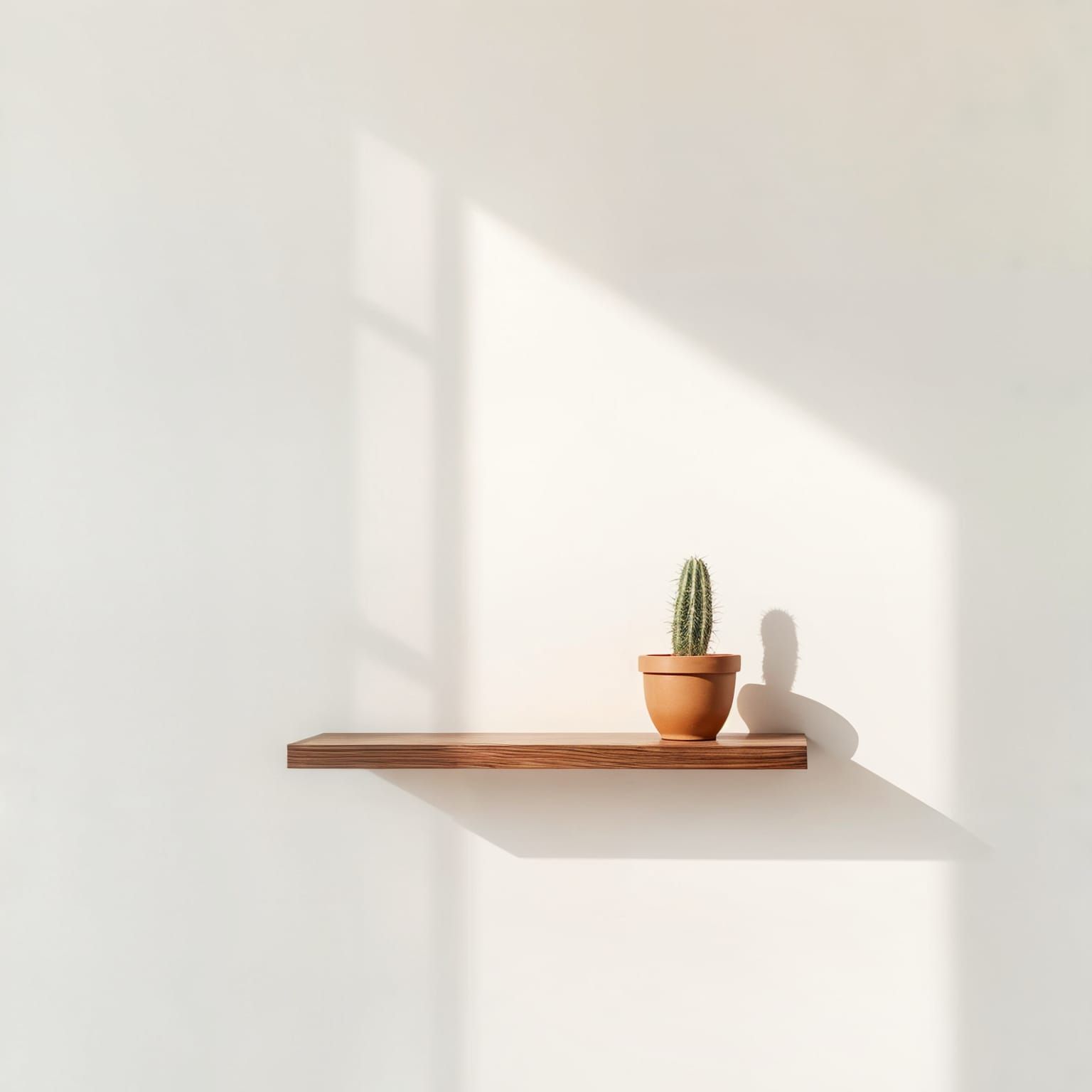 Simple Dark Wood Shelf with a Single Cactus in a Minimalist ...
