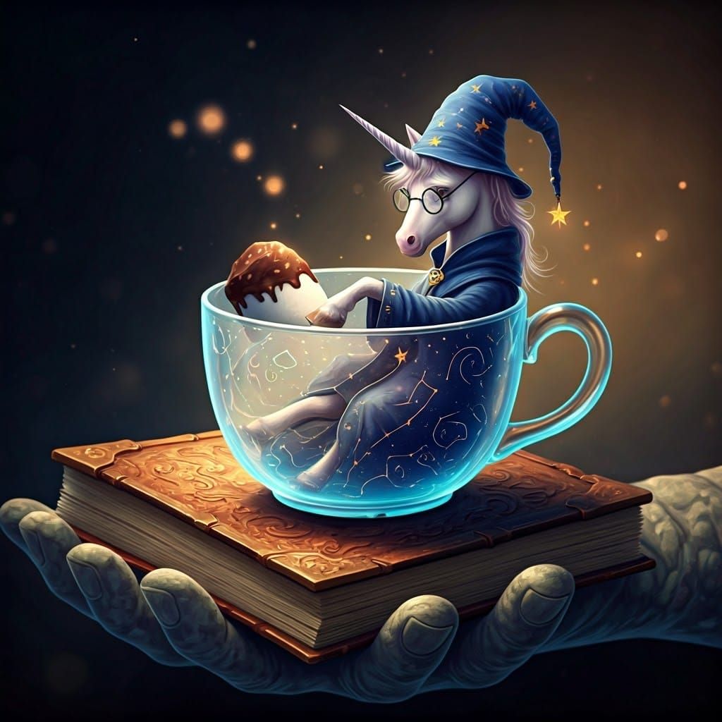 Unicorn Wizard Savoring Marshmallow in Crystal Teacup