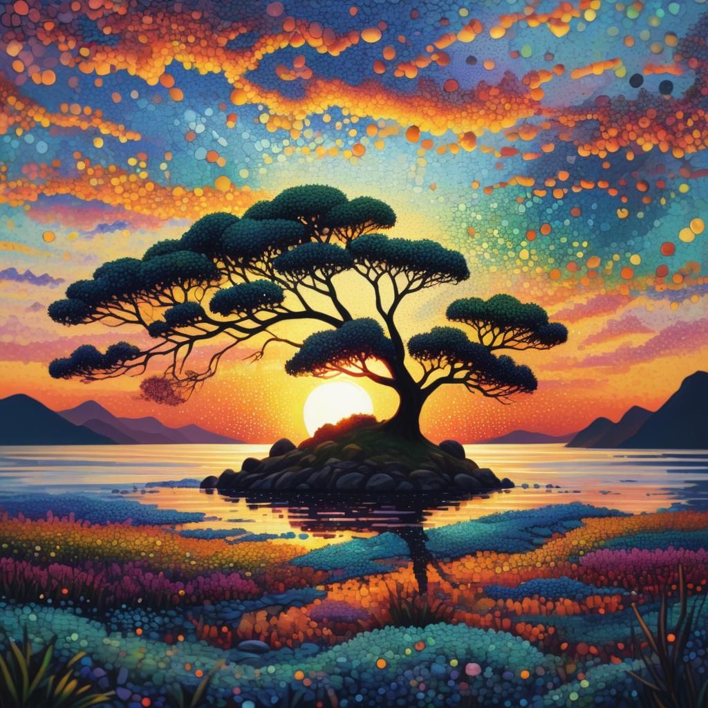 Stunning Pointillist Sunset with Vibrant Colors