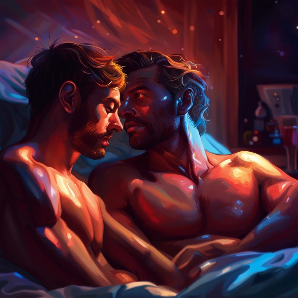 Hyperrealistic Men Cuddle in Bed at Night