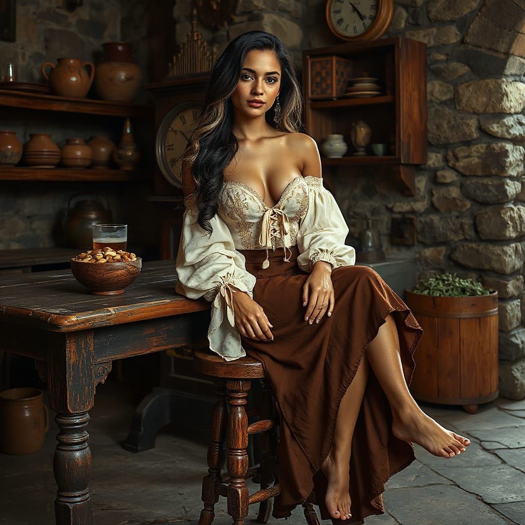 Brazilian Woman in Medieval Tavern, Photorealistic Portrait