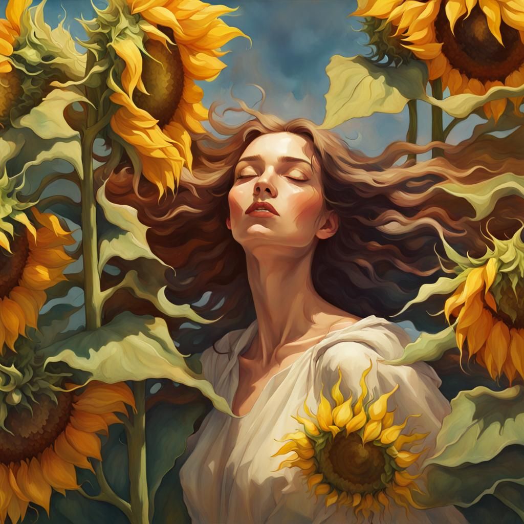 Fairy Sniffs Sunflowers in Watercolor Style