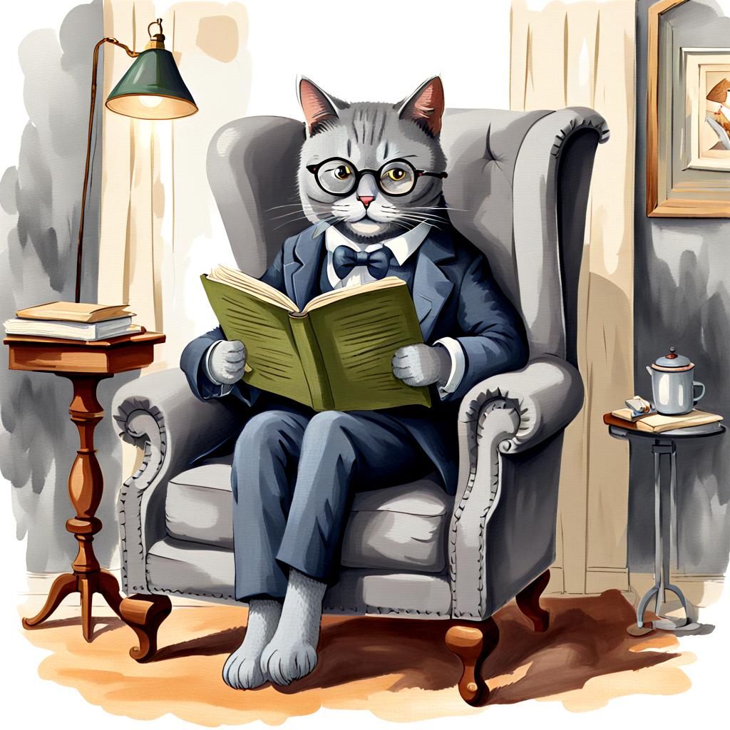 Anthropomorphic Grey Cat Reading a Book