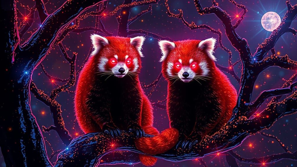 Gossamer Red Pandas in Stained-Glass Trees with Cosmic Radia...
