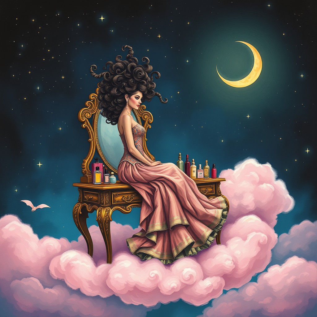 Dreamlike Woman at Vanity on Pink Cloud