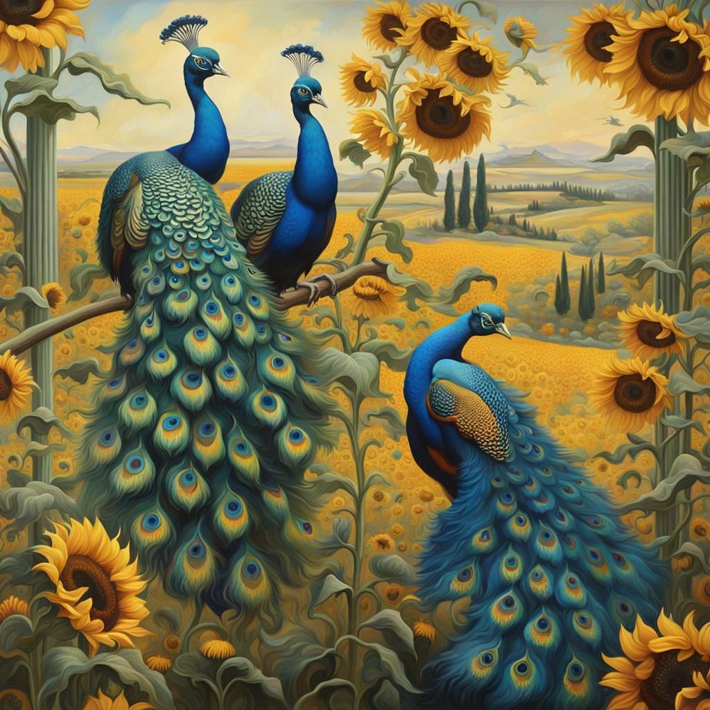 Peacocks Dancing in Sunflower Field, Surreal Oil Painting