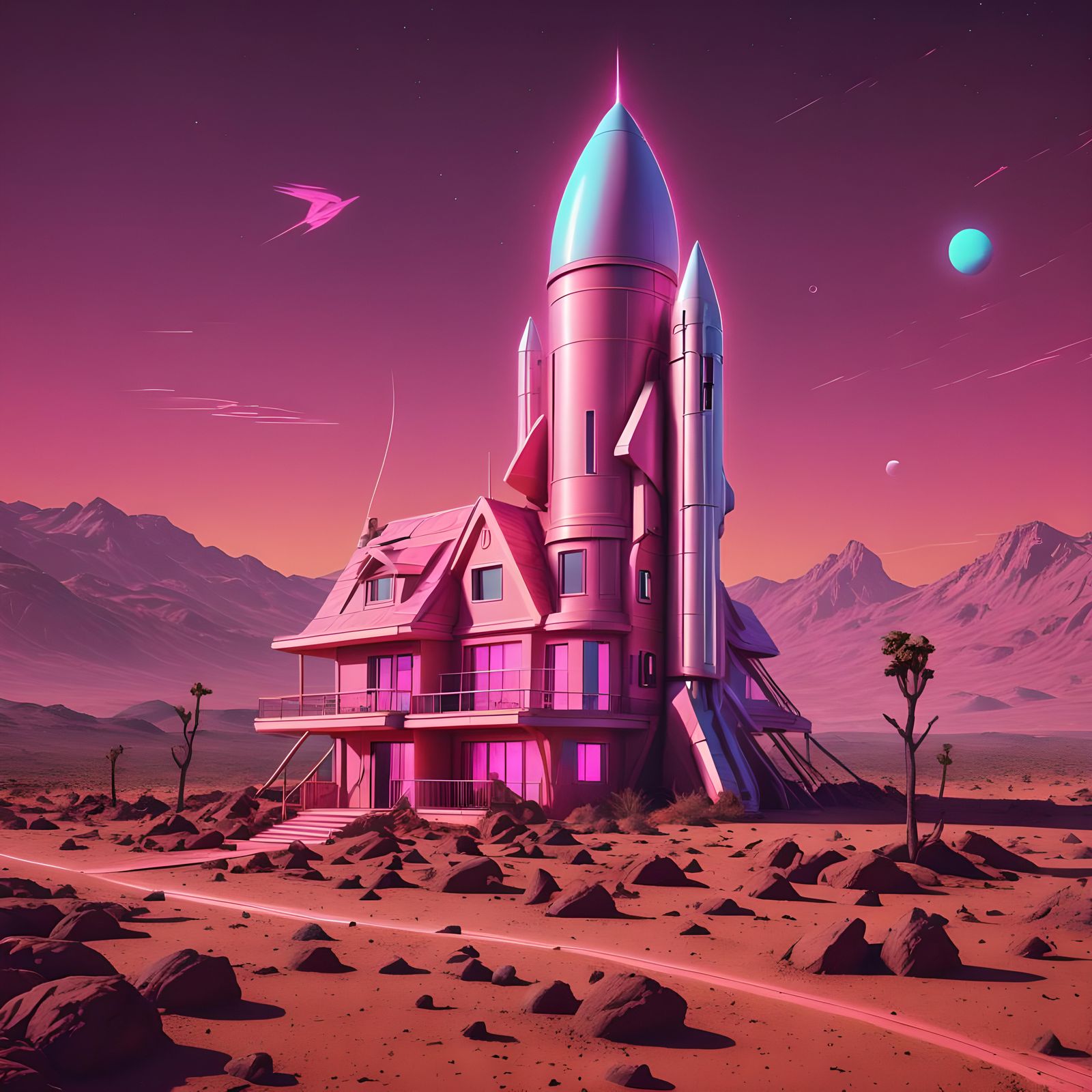 Rocket House on Mars in Synthwave Style