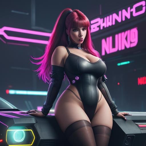 Cyberpunk BBW in Revealing Dress, Neon Cityscape