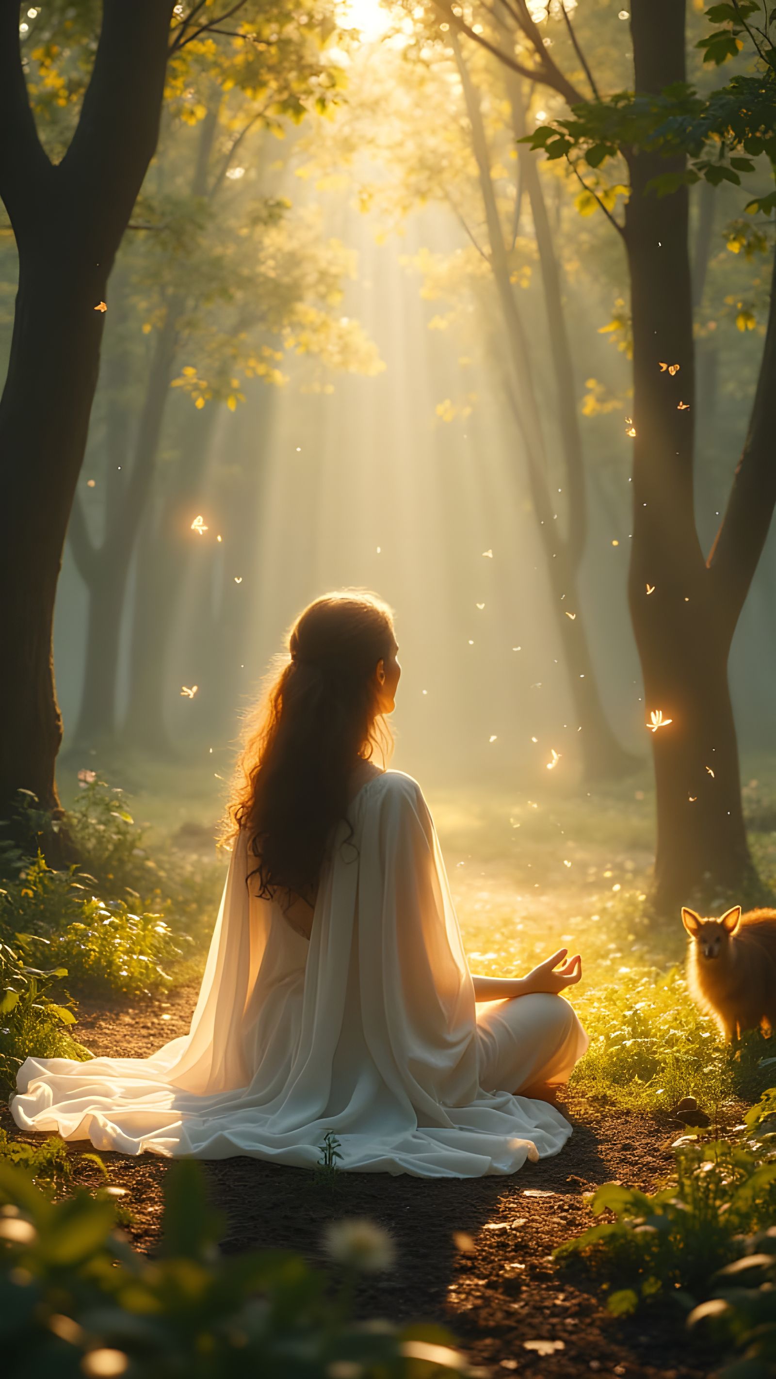 Meditative Woman in Forest Clearing: Mystical Digital Art