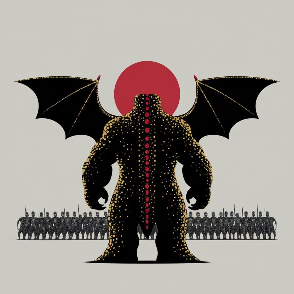Gigantic Golden Monster with Red Eyes and Black Wings in a M...