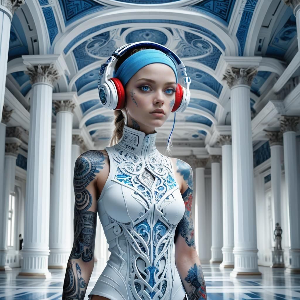 Futuristic Woman with Blue Tattoos in Grand Hall