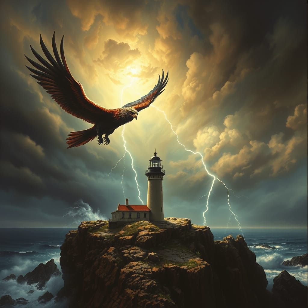 Griffin Soaring Over Lighthouse in Stormy Dark Fantasy