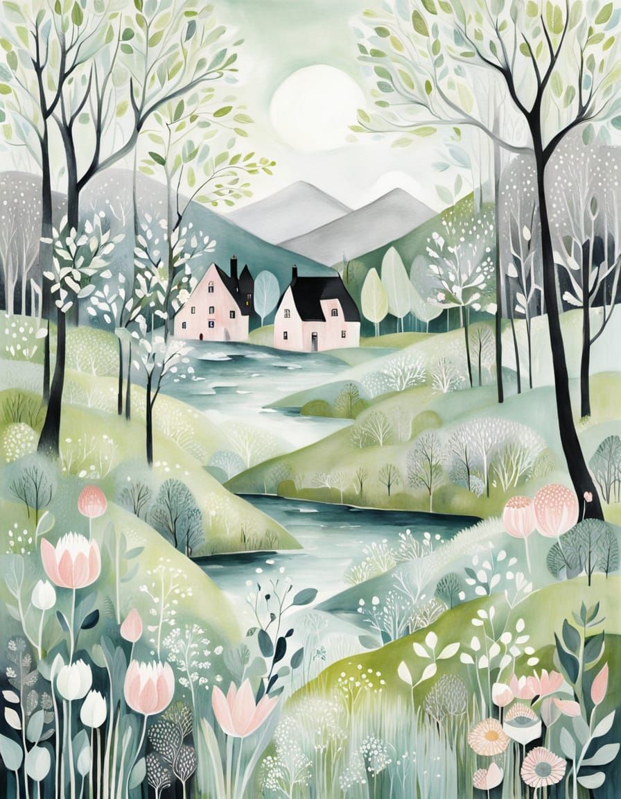 Whimsical Scandinavian Spring Scene in Pastel Hues