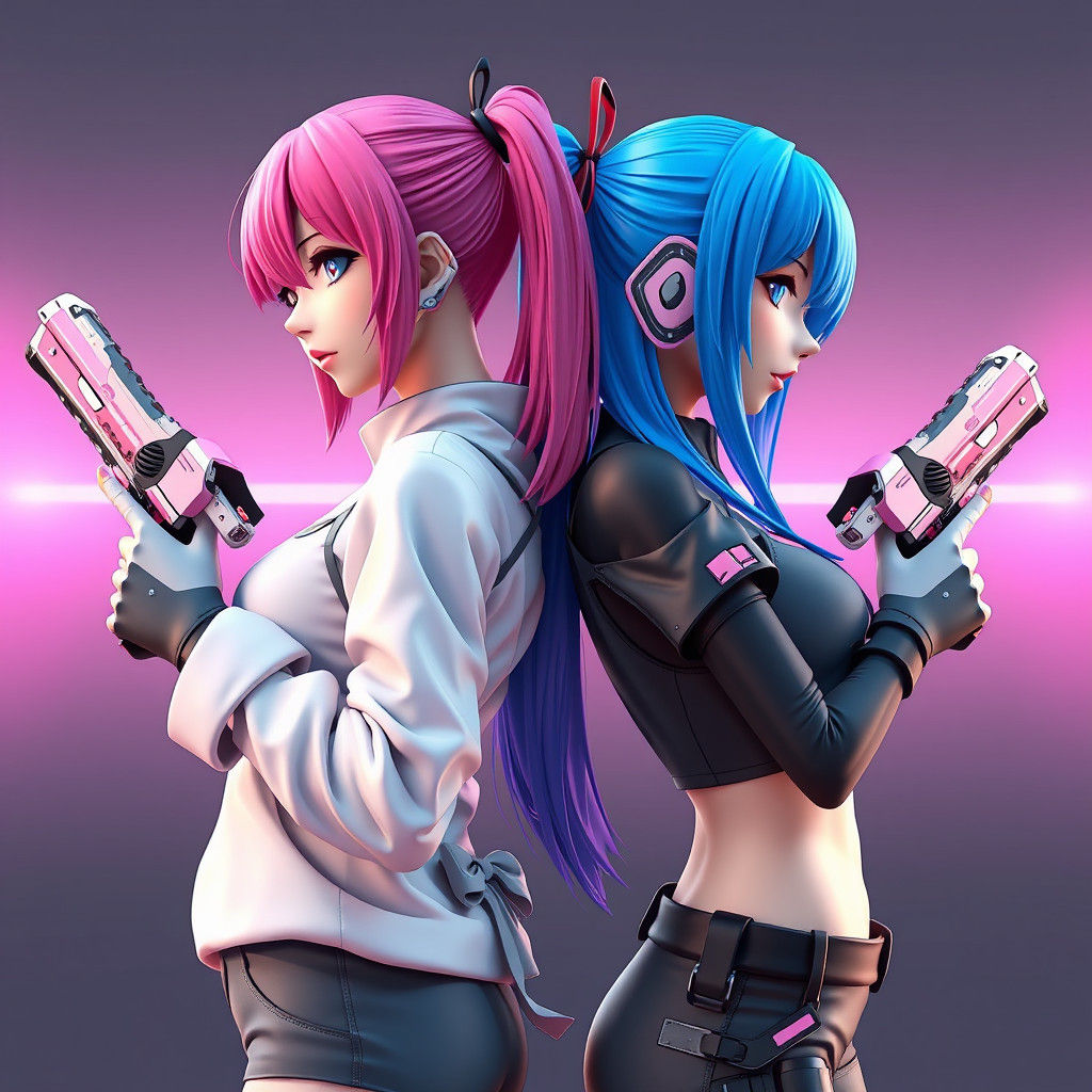 Anime Women with Futuristic Guns in 3D Style