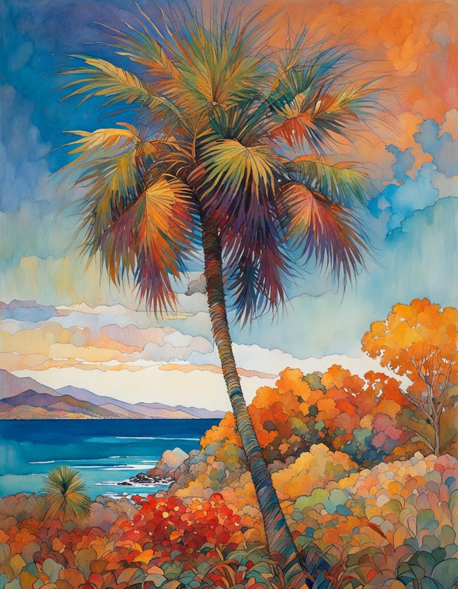 Palm Tree in Exotic Location as Watercolour Painting