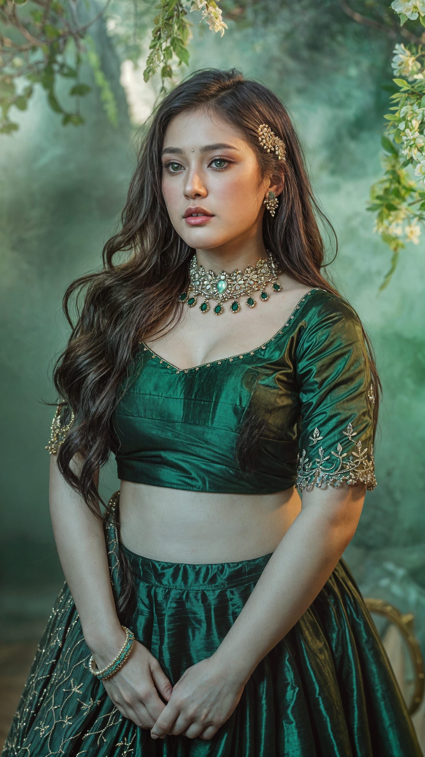 Elegant Korean Beauty in Dark Green Lehenga Choli