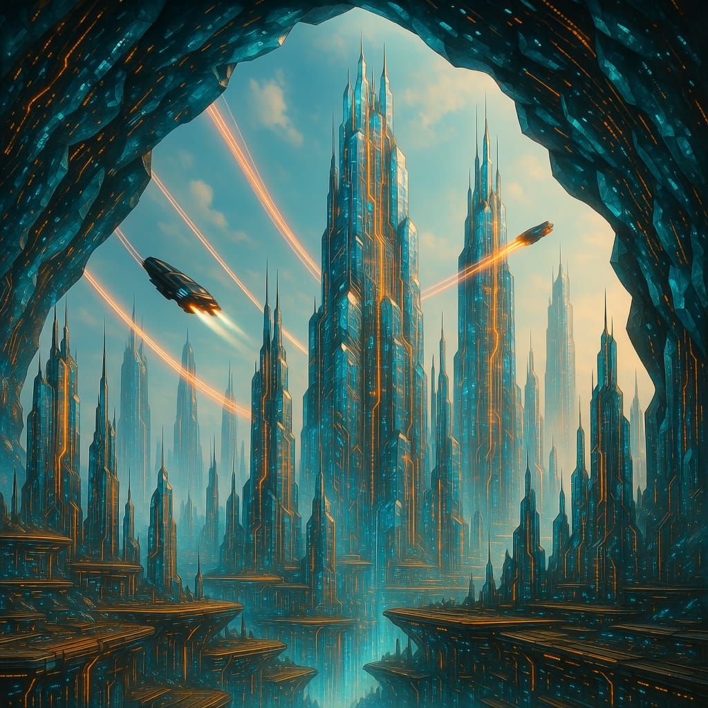 Cyberpunk Cityscape Inside a Crystalline Geode
