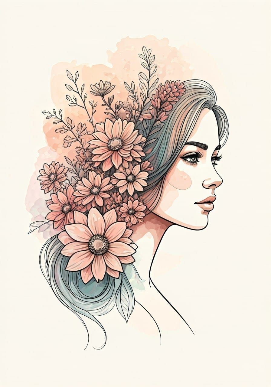 Ethereal Woman Surrounded by Wildflowers in Soft Watercolor