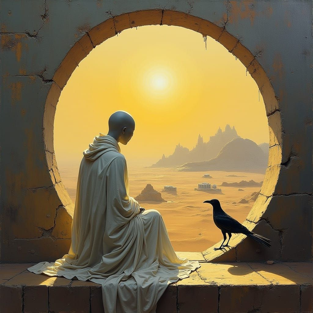 Faceless Contemplation in a Dreamlike Landscape